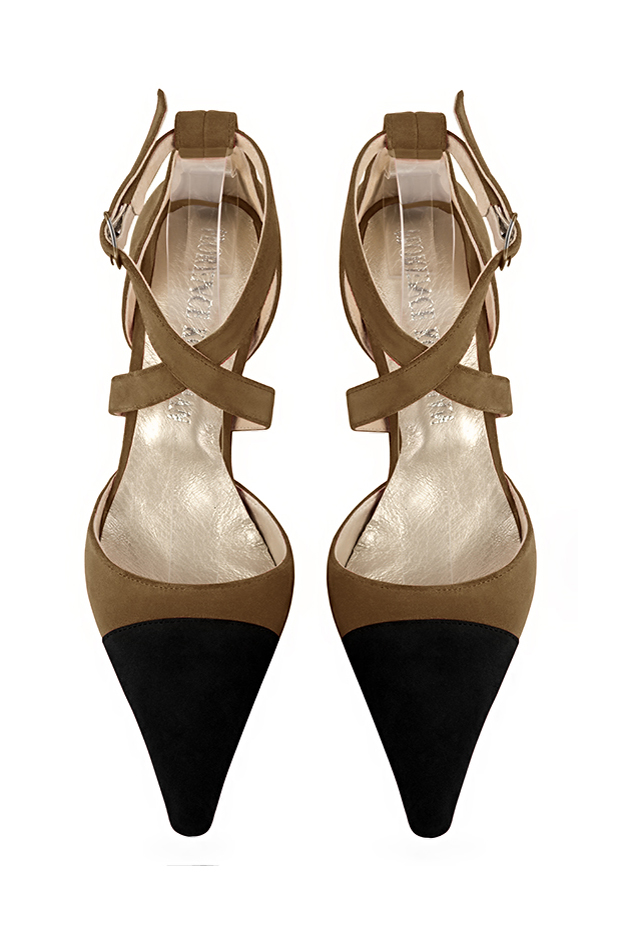 Matt black and chocolate brown women's open side shoes, with crossed straps. Pointed toe. Medium spool heels. Top view - Florence KOOIJMAN